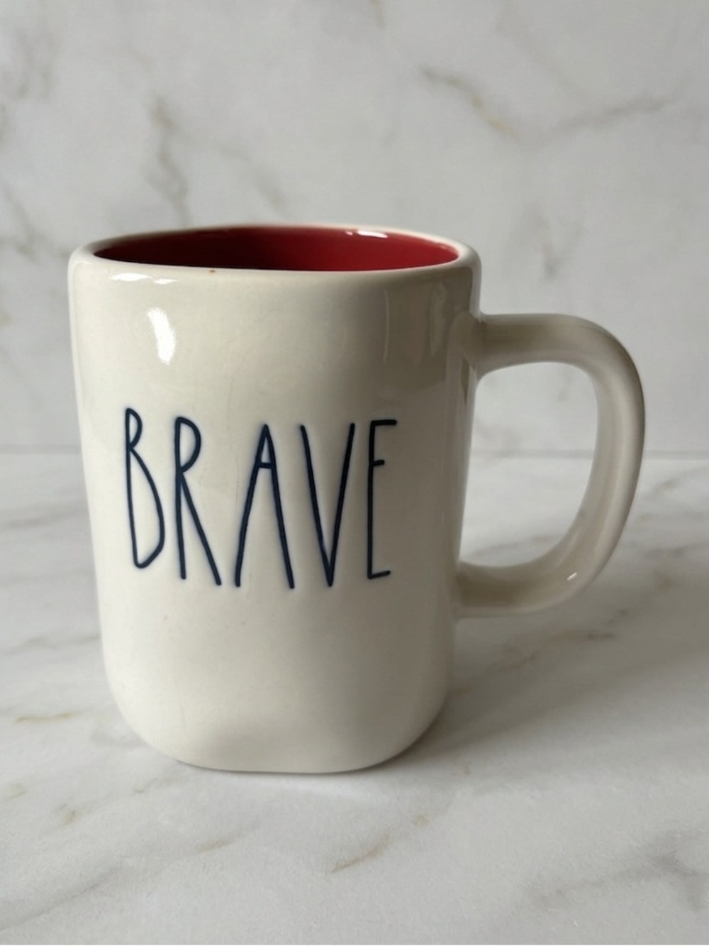 Rae Dunn BRAVE 🇺🇸Ceramic Coffee Mug — Blue Lettering with Red Interior